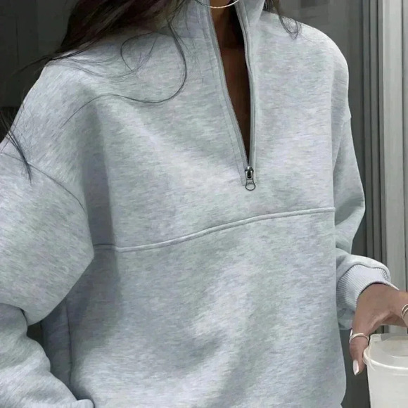 Grey Casual Women's Half Zipper Hoodie And Jogger Pants Two Piece Set - Picture 7 of 7